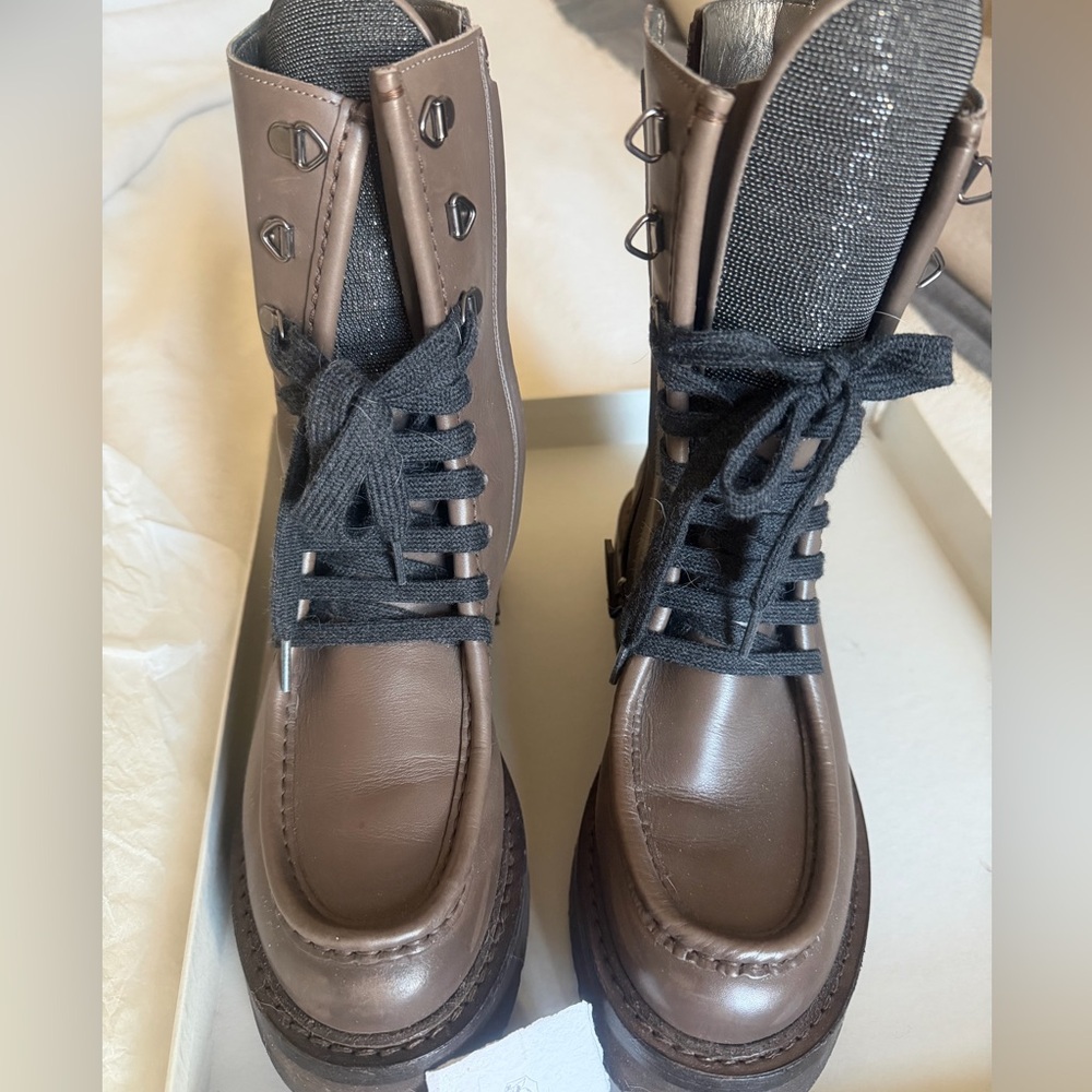 Brunello Cucinelli Tan Leather Lace-Up Boots
